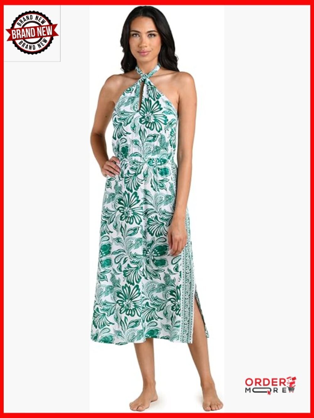 Sleeveless Midi Dress Swimsuit Cover Up Smocked Back Halter Side Slits